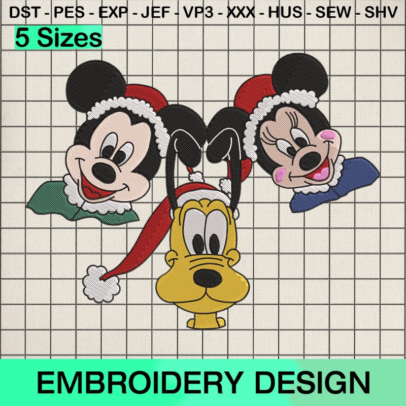 Christmas Mickey Minnie Pluto Embroidery Design, Disney Friends Face Christmas Machine Embroidery Designs