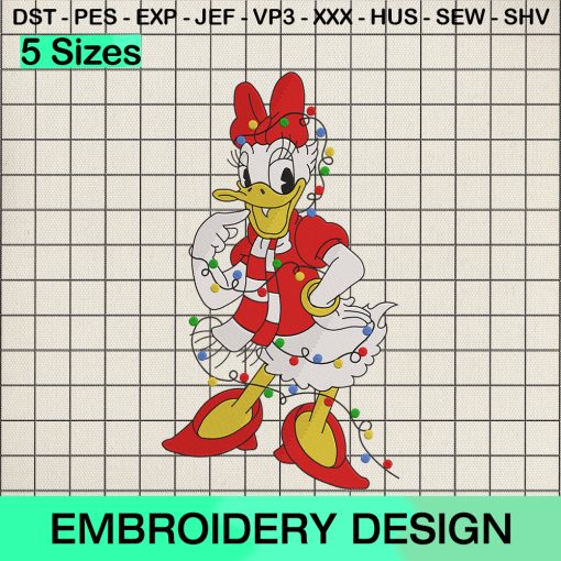 Daisy Duck Xmas Holiday Embroidery Design, Merry Christmas Lights Machine Embroidery Designs