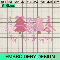 Disney Mickey Pink Tis The Season Embroidery Design, Disney Mickey Tree Pink Xmas Machine Embroidery Designs