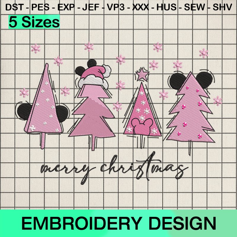 Disney Mickey Tree Pink Merry Christmas Embroidery Design, Disney Mickey Pink Xmas Machine Embroidery Designs