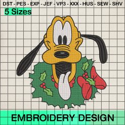 Disney Pluto Christmas Wreath Embroidery Design, Christmas Pluto Face Embroidery Designs
