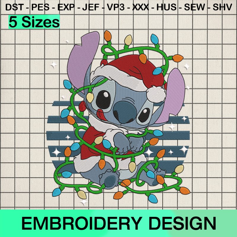 Disney Stitch Christmas Lights Embroidery Design, Stitch Santa Hat Xmas Machine Embroidery Designs