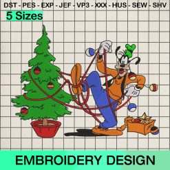 Goofy Dog Christmas Tree Lights Embroidery Design, Disney Goofy Merry Xmas Machine Embroidery Designs