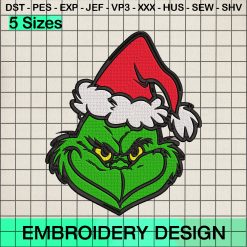 Grinch Face Santa Hat Embroidery Design, Grinch Face Christmas Embroidery Designs