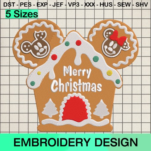 House Gingerbread Merry Christmas Embroidery Design, Gingerbread Mickey Minnie Mouse Machine Embroidery Designs