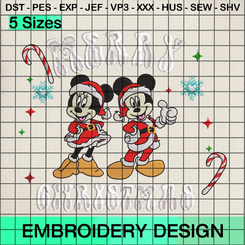 Merry Christmas Mickey Minnie Embroidery Design, Disney World Christmas Embroidery Designs