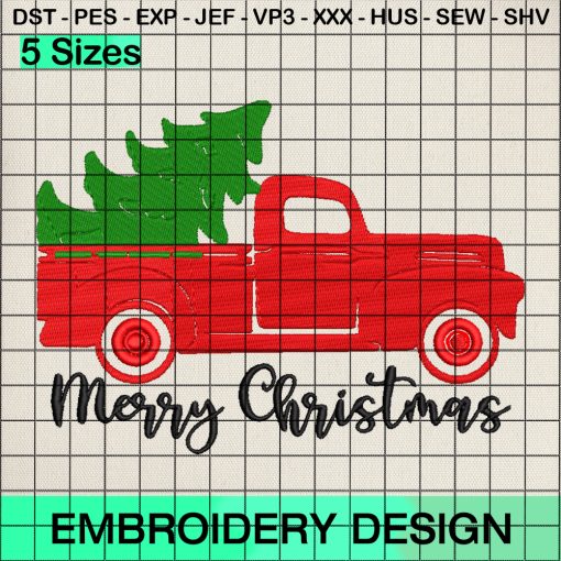Merry Christmas Truck Embroidery Design, Christmas Tree Embroidery Designs
