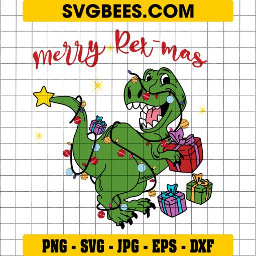 Merry Rexmas SVG PNG, Christmas Lights Dinosaur T-rex SVG