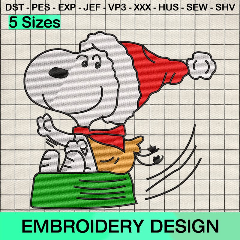 Merry Xmas Snoopy Embroidery Design, Christmas Snoopy Santa Hat Machine Embroidery Designs