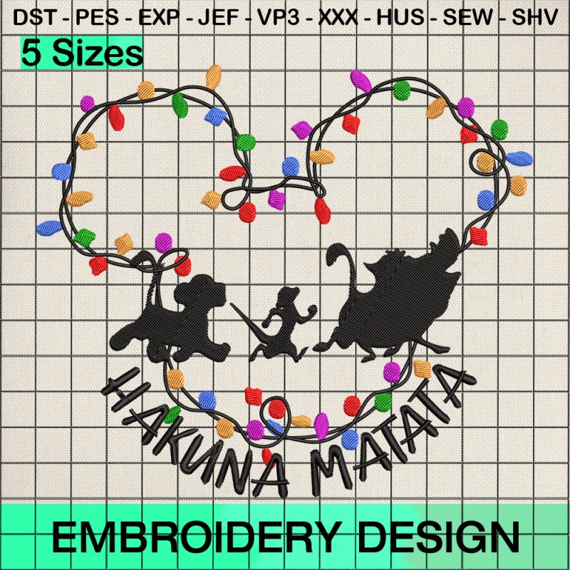 Mickey Hakuna Matata Christmas Embroidery Design, Mickey Mouse Christmas Lights Embroidery Designs