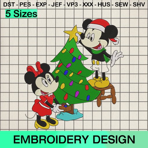 Mickey Minnie Decorates The Tree Embroidery Design, Kids Mickey Minnie Christmas Machine Embroidery Designs