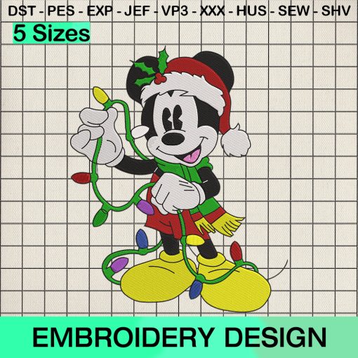 Mickey Mouse Christmas Lights Embroidery Design, Disney Mickey Santa Hat Machine Embroidery Designs