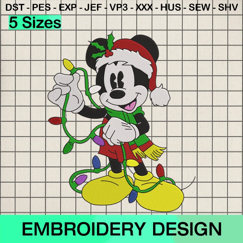 Mickey Mouse Christmas Lights Embroidery Design, Disney Mickey Santa Hat Machine Embroidery Designs