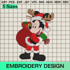 Mickey Mouse Raindeer Santa Claus Embroidery Design, Mickey Christmas Gifts Machine Embroidery Designs