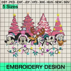 Mickey and Friends Christmas Lights Embroidery Design, Family Mickey Christmas Tree Embroidery Designs