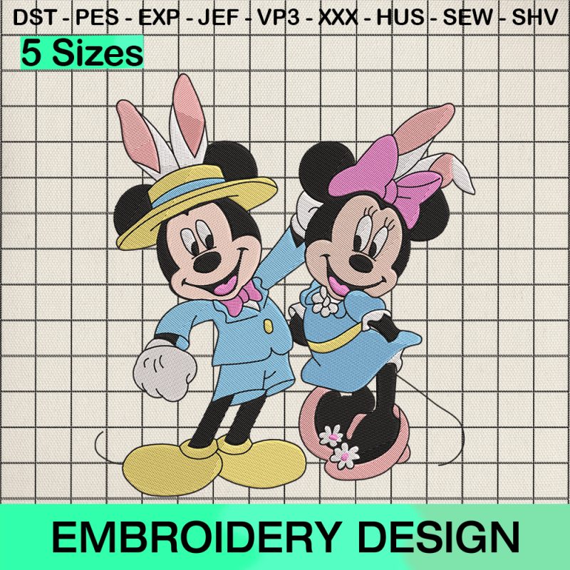 Mickey and Minnie Mouse Bunny Embroidery Design, Disney Happy Easter Day Machine Embroidery Designs