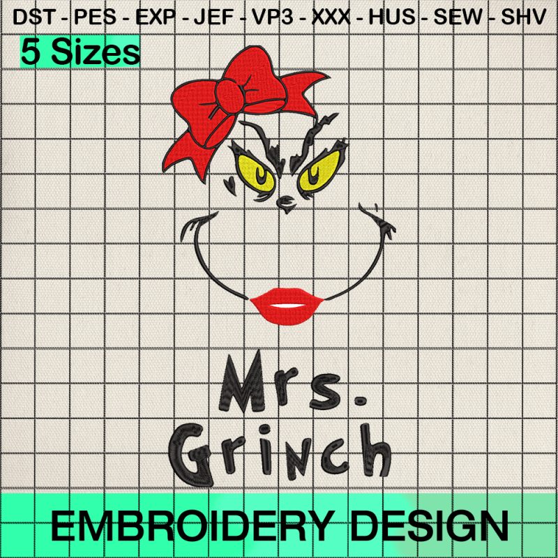 Mrs Grinch Face Embroidery Design, Mrs Grinch Merry Christmas Embroidery Designs