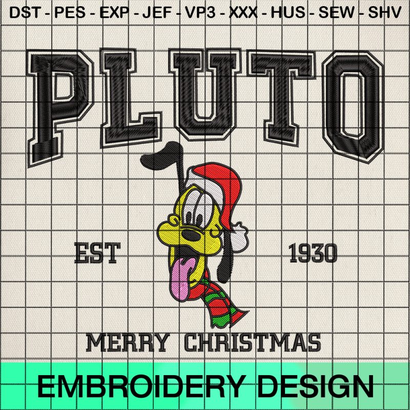 Pluto Merry Christmas Embroidery Design, Christmas Pluto Machine Embroidery Designs