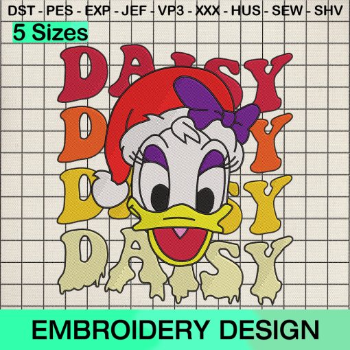 Retro Daisy Duck Face Santa Hat Embroidery Design, Disney Daisy Christmas Embroidery Designs