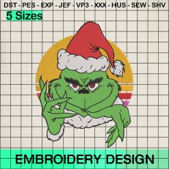 Retro Grinch Santa Hat Christmas Embroidery Design, Grinch Christmas Season Embroidery Designs