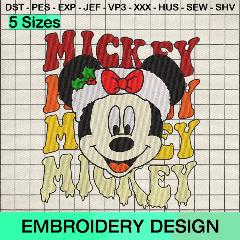 Retro Mickey Mouse Face Santa Hat Embroidery Design, Disney Mickey Christmas Embroidery Designs