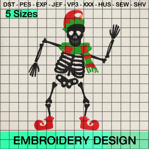 Santa Skeleton Christmas Embroidery Design, Elf Skeleton Christmas Machine Embroidery Designs