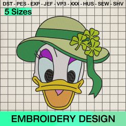 St Patrick Daisy Duck Hat Embroidery Design, Disney Daisy Green Irish Clover Machine Embroidery Designs
