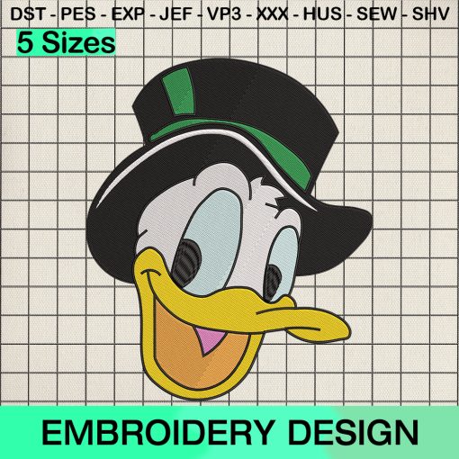 St Patrick Donald Duck Hat Embroidery Design, Disney Donald Green Irish Clover Machine Embroidery Designs