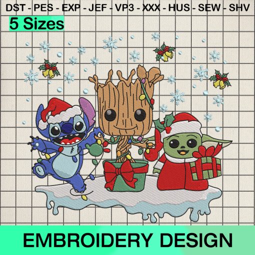 Stitch Groot Baby Yoda Christmas Embroidery Design, Characters Disney Christmas Machine Embroidery Designs