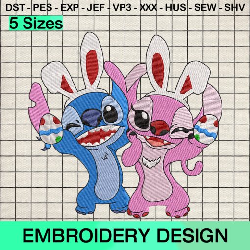 Stitch and Angel Bunny Embroidery Design, Disney Couple Easter Machine Embroidery Designs