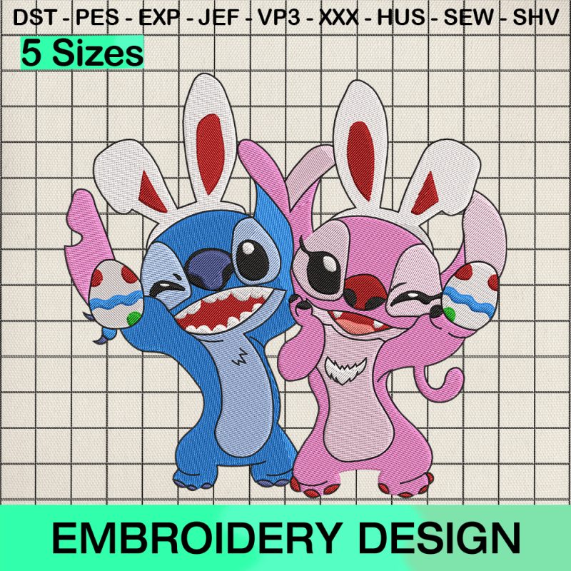 Stitch and Angel Bunny Embroidery Design, Disney Couple Easter Machine Embroidery Designs