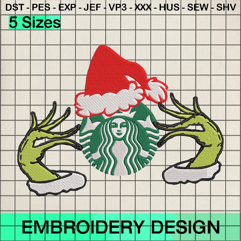 The Grinch Starbucks Embroidery Design, Grinch Xmas Hat Embroidery Designs
