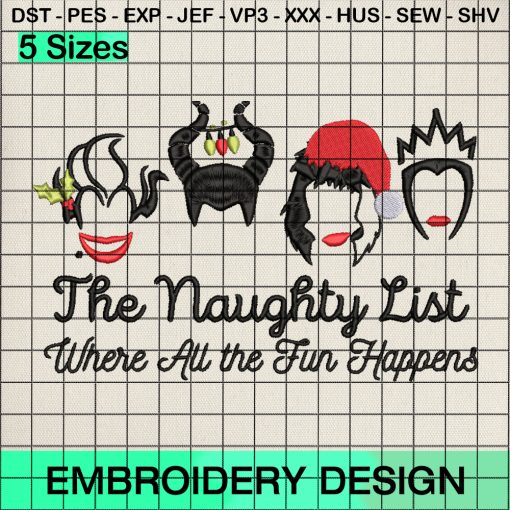 The Naughty List Where All The Fun Happens Embroidery Design, Disney Villains Christmas Embroidery Designs