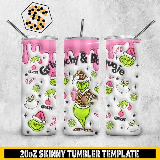 3D Christmas Grinchy & Bougie Inflated Tumbler Wrap, Leopard Grinch Christmas 20oz Skinny Tumbler Design, 3D Tumbler Wrap