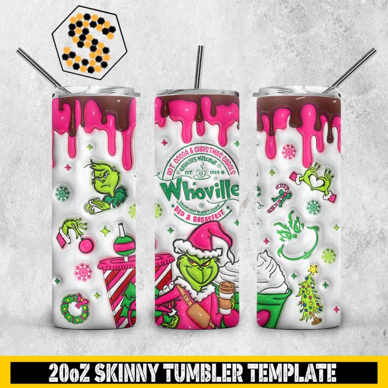 3D Grinches Welcome Est 1954 Inflated Tumbler Wrap, Whoville 20oz Skinny Tumbler Design, 3D Tumbler Wrap
