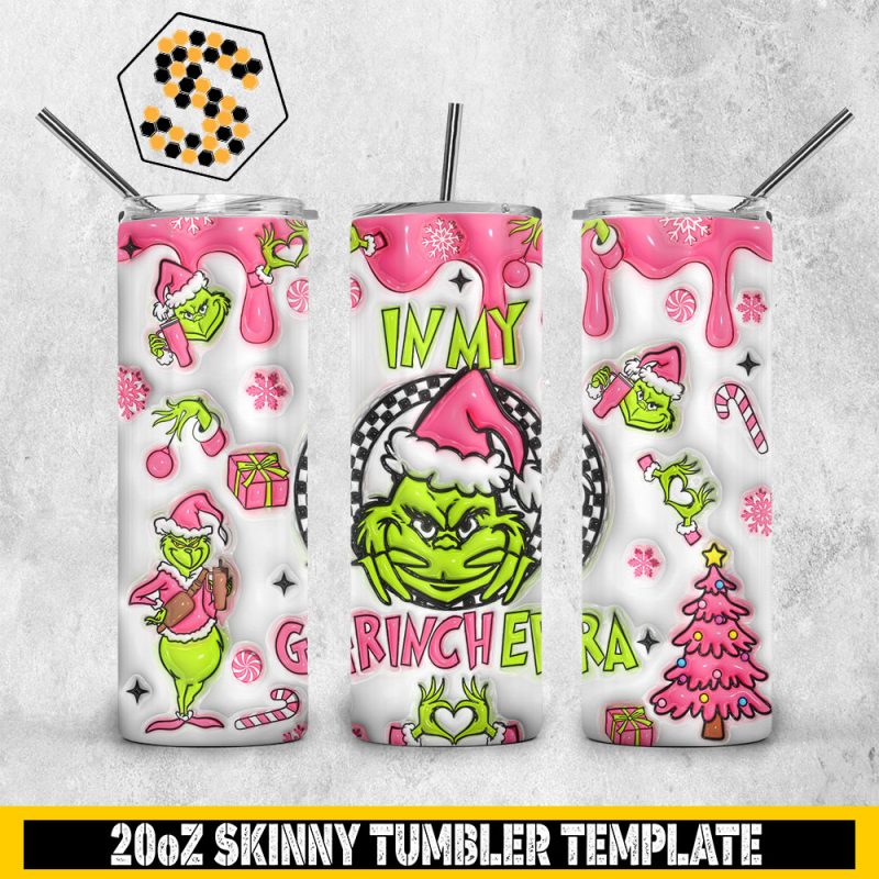 3D In My Grinch Era Merry Christmas Inflated Tumbler Wrap, Christmas Grinch 20oz Skinny Tumbler Design, 3D Tumbler Wrap