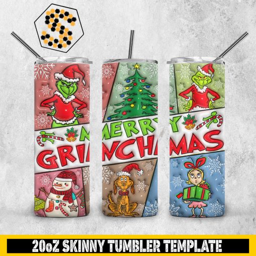 3D Mery Grinchmas Inflated Tumbler Wrap, Christmas Characters Grinch 20oz Skinny Tumbler Design, 3D Tumbler Wrap