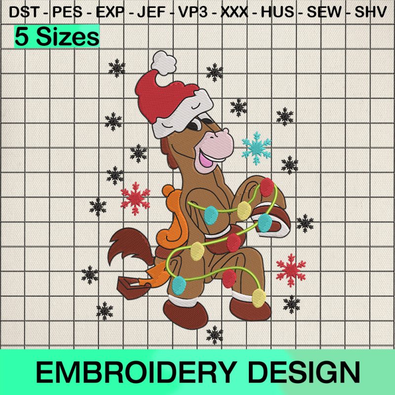 Bullseye Toy Story Christmas Lights Embroidery Design, Bullseye Santa Hat Machine Embroidery Designs