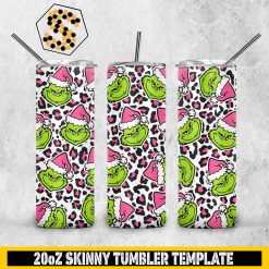 Face Grinch 20oz Skinny Tumbler Template PNG, Grinch Santa Hat Pink Skinny Tumbler Design PNG File