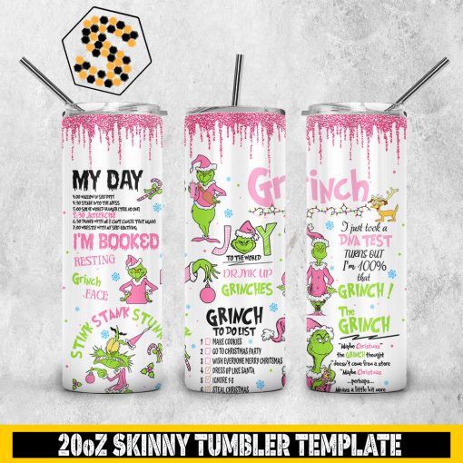 Grinch 20oz Skinny Tumbler Template PNG, Christmas Grinch Skinny Tumbler Design PNG File