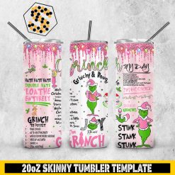 Grinch Grinchy & Bougie Christmas 20oz Skinny Tumbler Template PNG, The Grinch Pink Skinny Tumbler Design PNG File