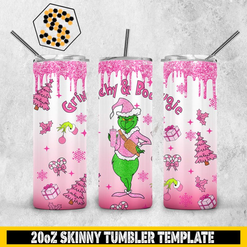 Grinchy & Bougie Christmas Pink 20oz Skinny Tumbler Template PNG, Grinch Holiday Skinny Tumbler Design PNG File