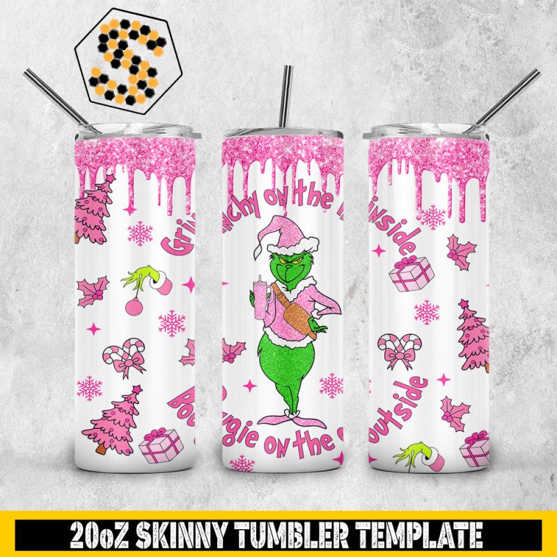 Grinchy On The Inside Bougie On The Outside Christmas Pink 20oz Skinny Tumbler Template PNG, Grinch Skinny Tumbler Design PNG File