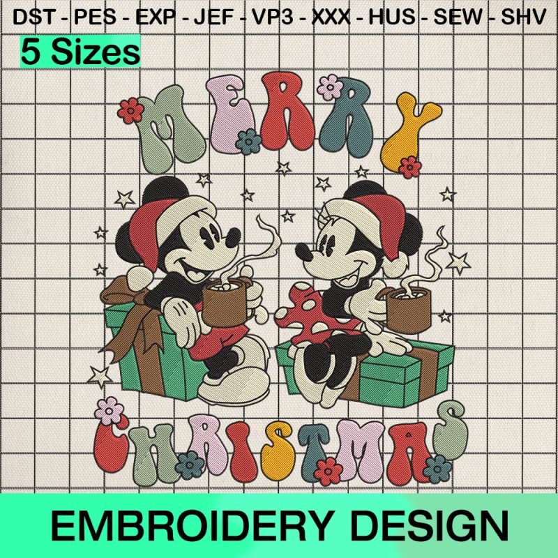 Mickey Minnie Drink Christmas Embroidery Design, Disney Merry Christmas Embroidery Designs