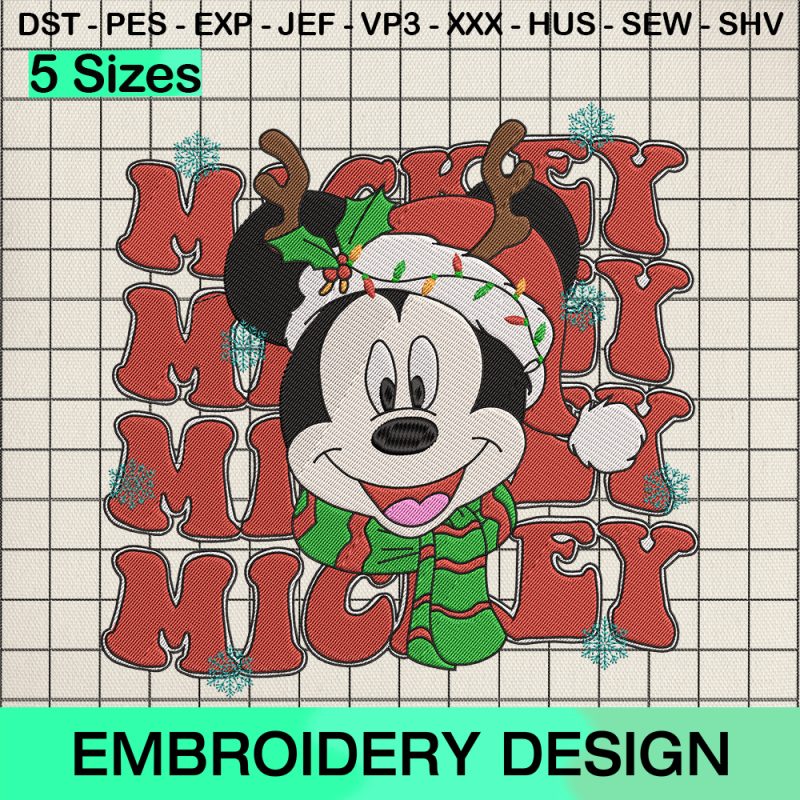 Mickey Mouse Reindeer Christmas Lights Embroidery Design, Disney Mickey Merry Christmas Embroidery Designs