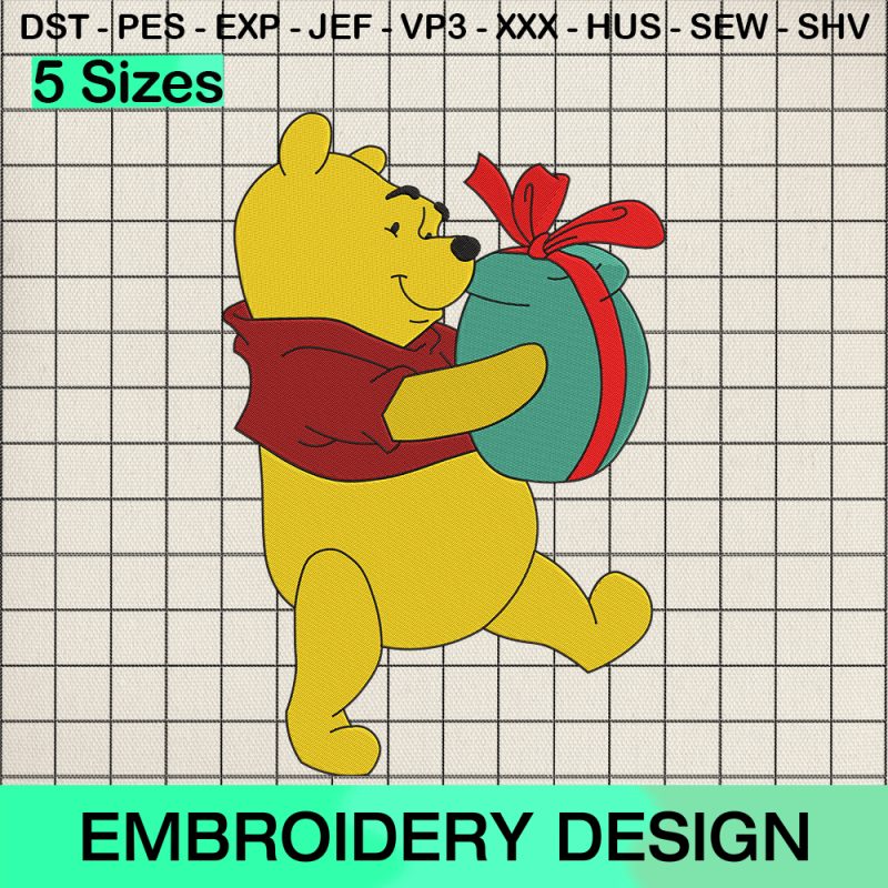 Pooh Bear Bunny Gifts Christmas Embroidery Design, Christmas Pooh Machine Embroidery Designs