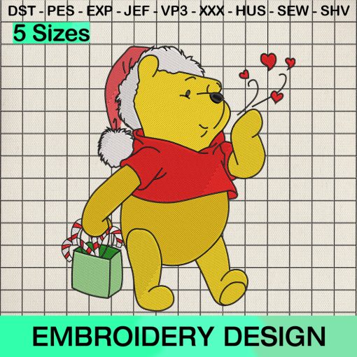 Pooh Candy Love Christmas Embroidery Design, Christmas Disney Pooh Machine Embroidery Designs