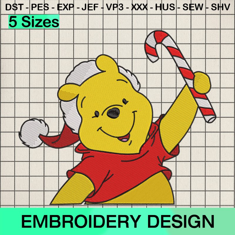 Pooh Holding Christmas Candy Embroidery Design, Winnie The Pooh Christmas Machine Embroidery Designs