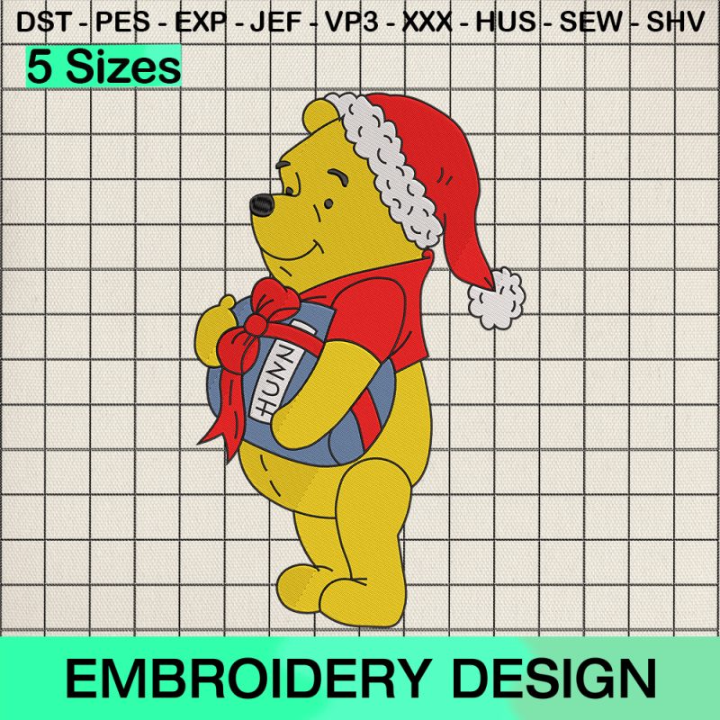 Pooh Hunny Santa Hat Christmas Embroidery Design, Christmas Winnie The Pooh Machine Embroidery Designs