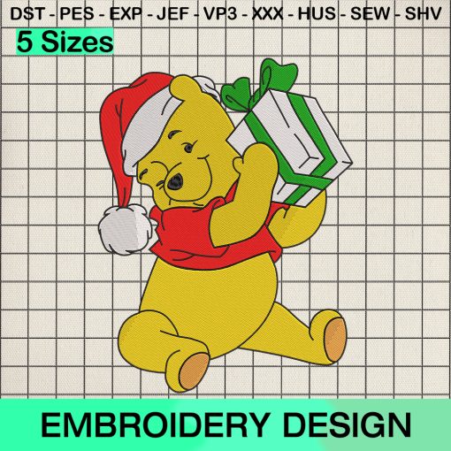 Pooh Open Christmas Presents Embroidery Design, Christmas Pooh Machine Embroidery Designs